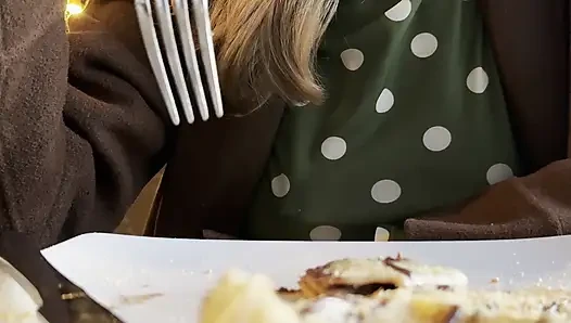 Teasing people with my nipples in a sheer blouse in a restaurant having dinner