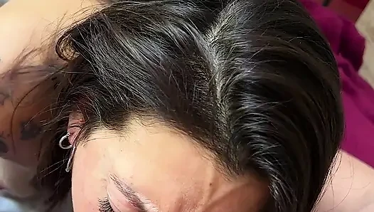 Big-titted brunette gives me a great blowjob.