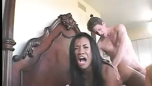 Black and white girl get their wet pussies fucked by white cock in threesome