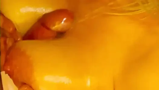 Amateur Blonde Wife Sucks, Fucks and Gets Her Big Natural, Oiled Tits Fucked and Cum Covered