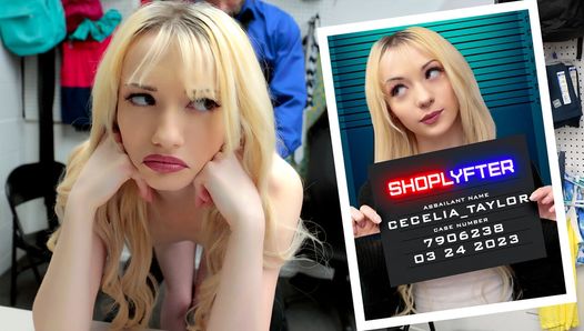 Mooie blonde verdachte Cecelia Taylor vastgehouden voor stripzoeking in de achterkamer - Shoplyfter