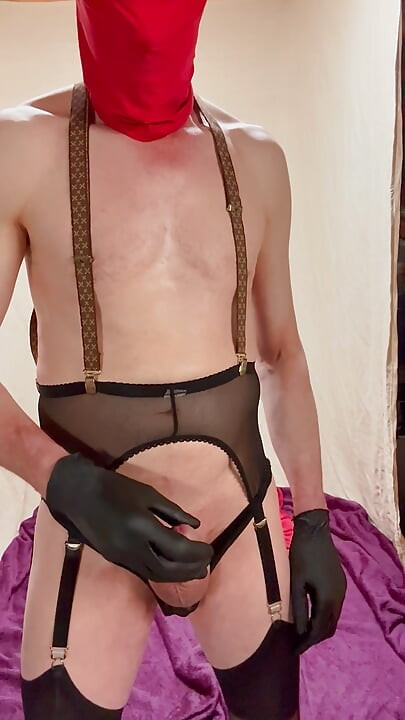 Lacy Suspenders And Shaved Cock And Balls