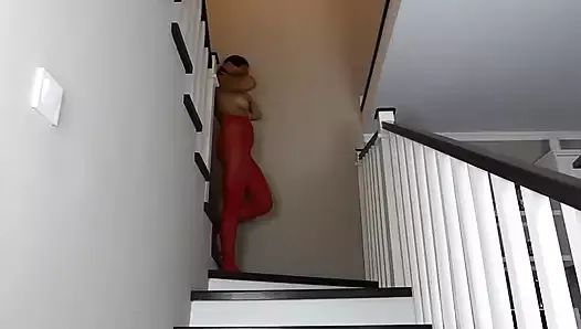 Red pantyhose and masturbate on stairs
