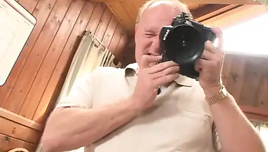 Small tits blonde helps older man to jerk off with her feet