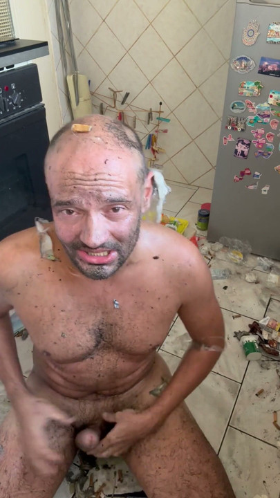 Filthy pig happy to jerk off in the mess | Clip 2