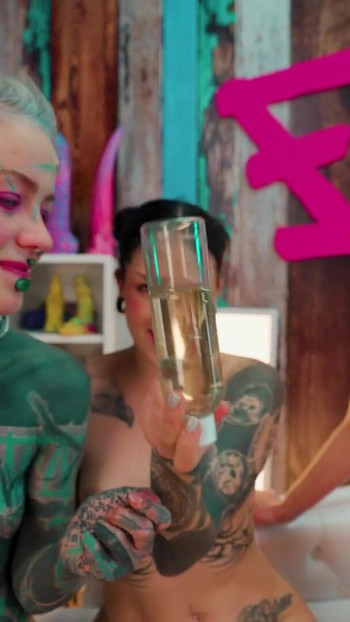 Hot Pornstars Tattooed Lesbian Oil Slick Shared Metal Toy | Clip 1