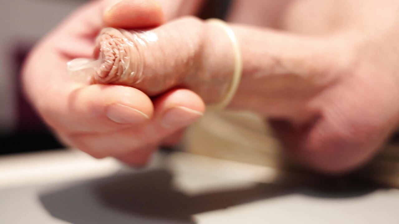 Condom fills slowly with juicy precum