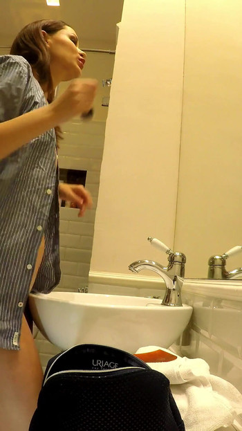 Hot Tight Pussy Horny Brunette with a Shirt Only No Panties No Bra in the Bathroom