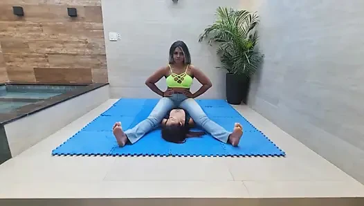 Belly and chest sitting by veronica and her slave