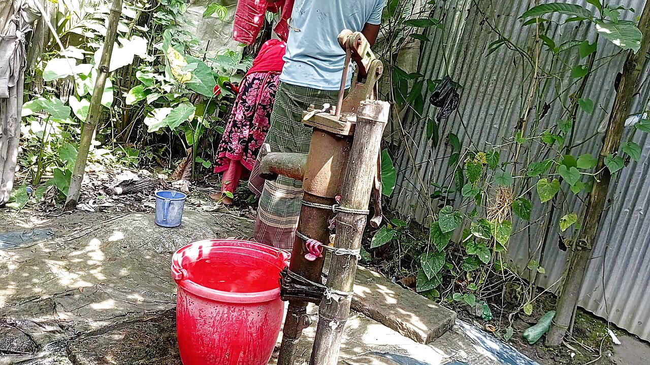 I fucked my village stepsister outside while she was taking a bath.