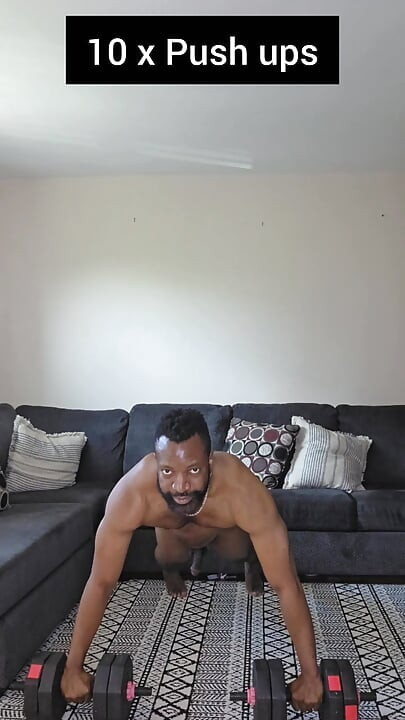 Naked Dumbell workout ends with stroking and happy ending cumshot