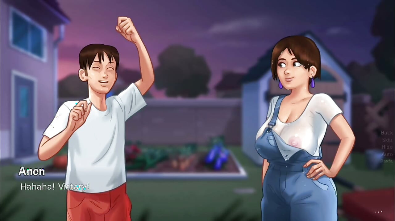 Anon do pau-monstro e Diane dos peitos grandes molham-se mutuamente ao ar livre - gameplay de summertime saga