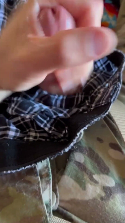 Horny soldier jerks off in his room shooting a nice cream load on his Sarge's crusty boxers | Clip 2