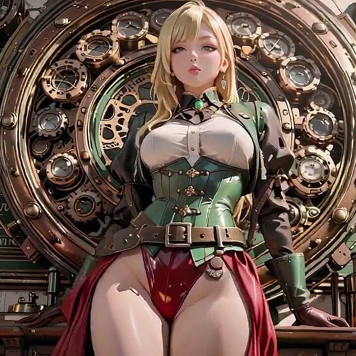 Steampunk teknisyenin özel sabahı! Sarışın kıvrımlar dev vitesten önce tembelce esnetiyor