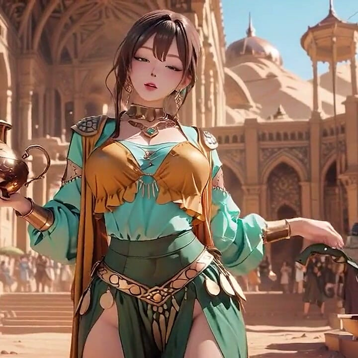 Coroação da Rainha do Ouro Verde! Preguiçoso deitado no Palácio do Deserto, dedos provocando cabelo e véu, pele beijada pelo sol brilhando.