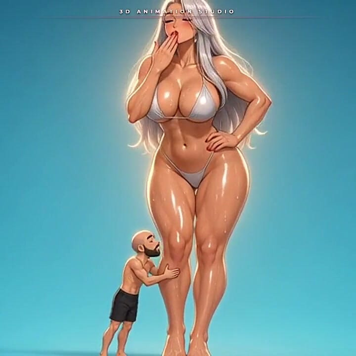 Silver-haired Anime Giantess Bounces on Her Toes While a Tiny Man Hugs Her Ankle