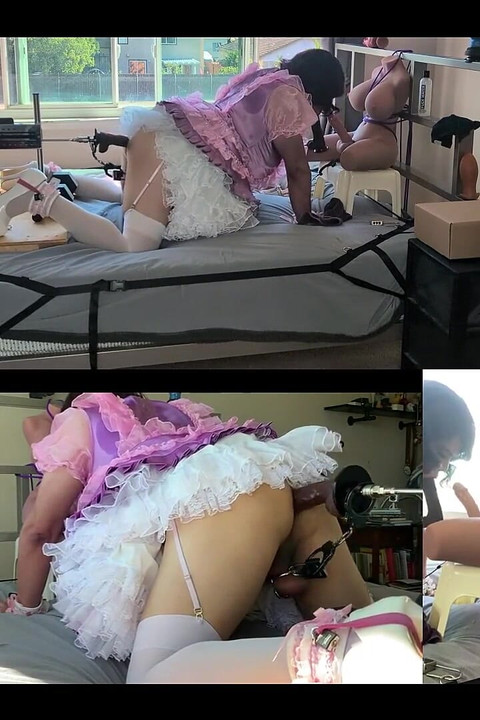 Pink Satin Sissy Maid Gets Fucked by Her Fucking Machine and Plays with Her Sex Toy Doll