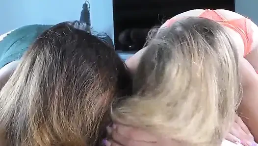 A hairjob with blonde and brunette babes