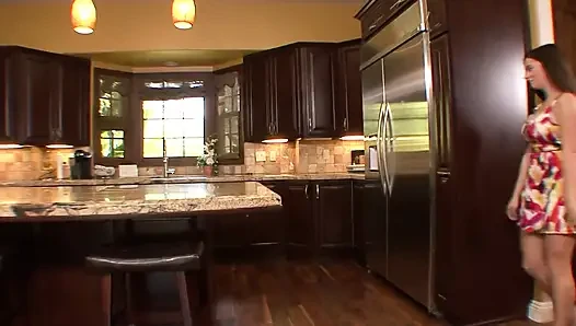 Sexy big tit teen fucks with a hot redhead milf in the kitchen