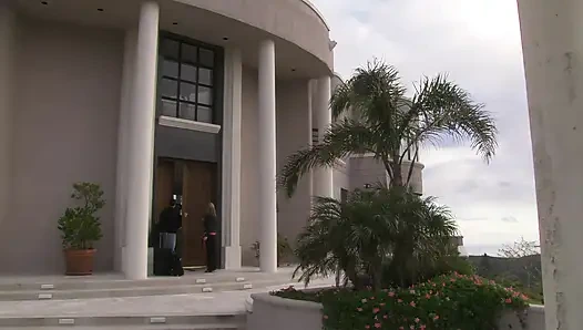 Hairy brunette with big tits gets slammed from behind