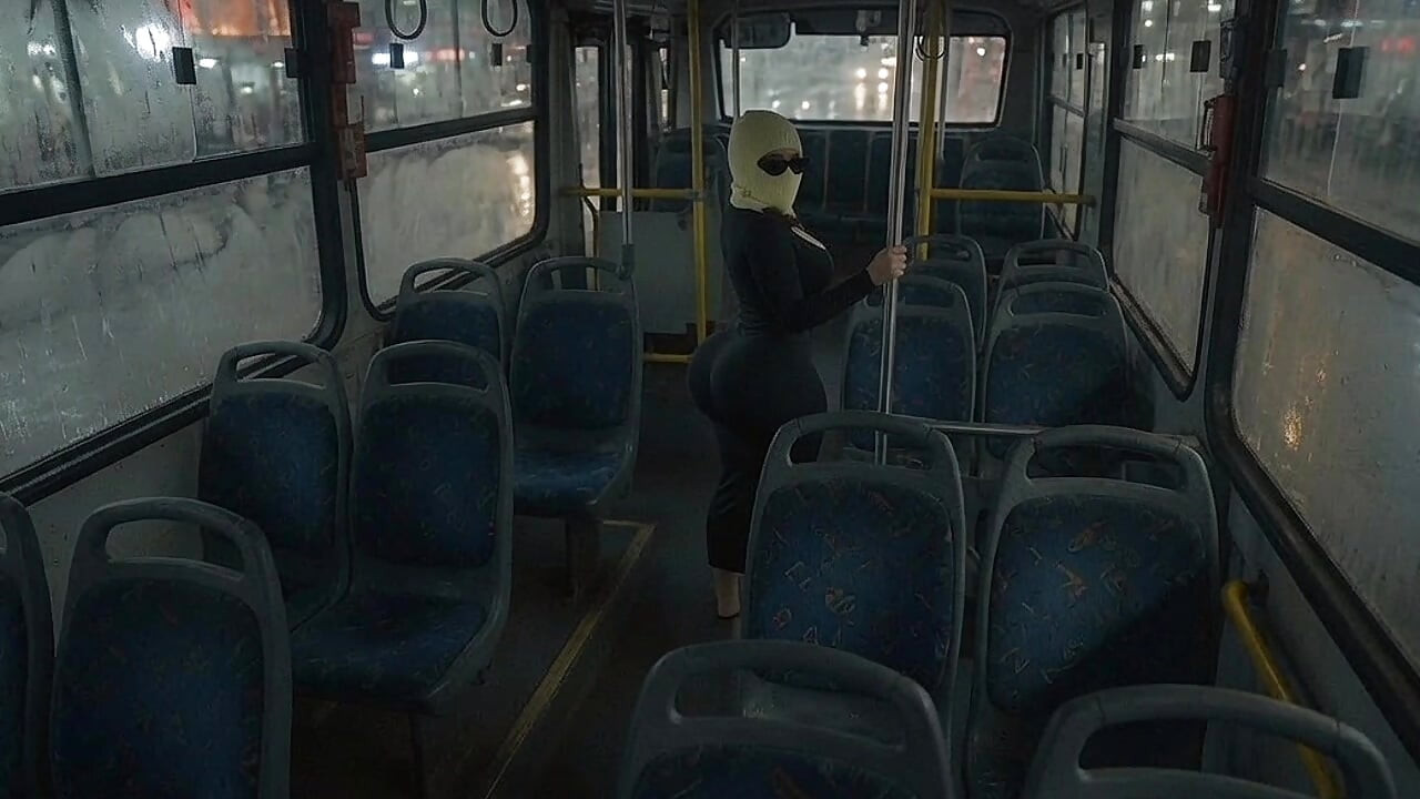 Sitna cura s velikom guzom twerka u uskim crnim tajicama u autobusu
