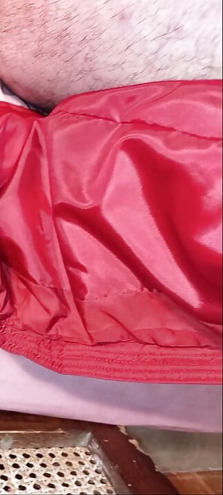 4 cumshots on the sweet lining of a red lady puffer coat