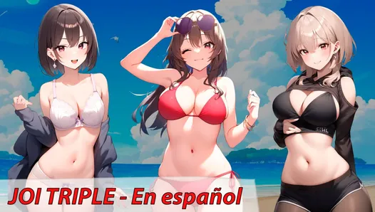 Spanish hentai JOI. 3 friends want masturbate you on the beach.