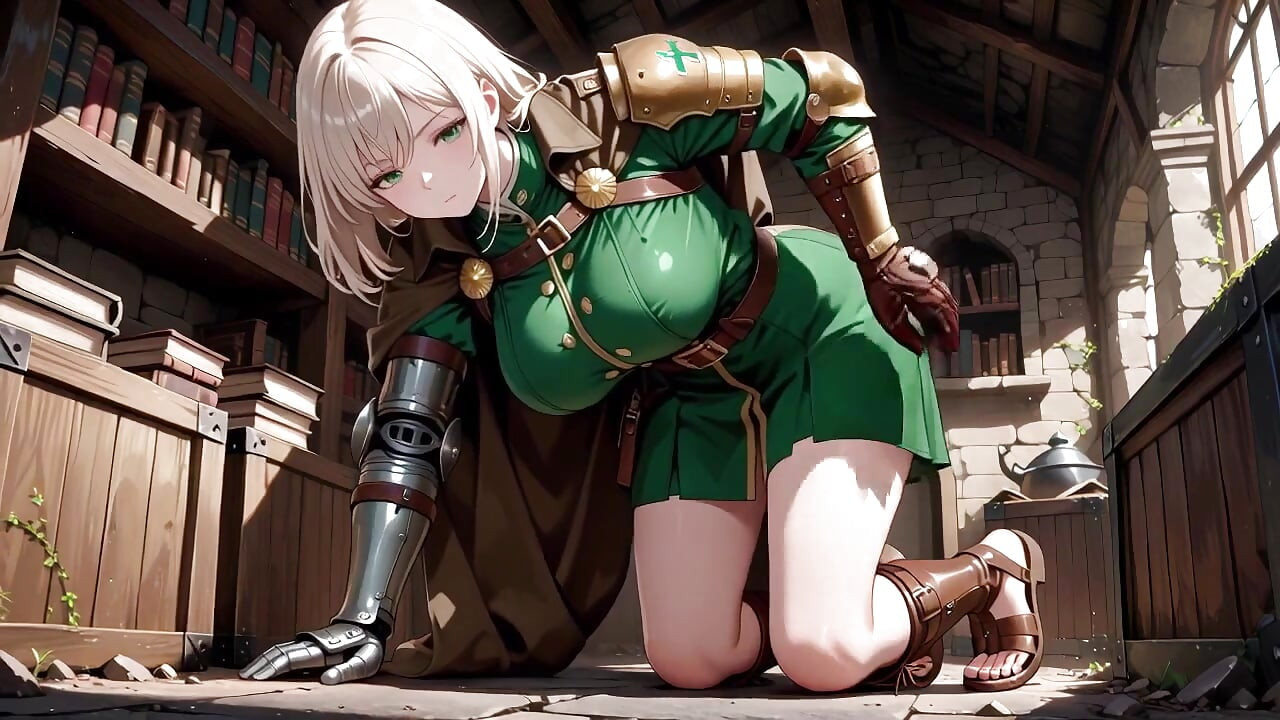 Blonde Knight's Afternoon! Green Uniform Golden Mechanical Arms, leniwie kontemplując w starożytnych kamiennych ruinach.