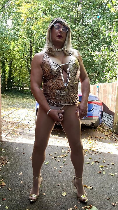 Sexy Crossdresser kellycd2022 in gold leopard print dress tan pantyhose and heels s