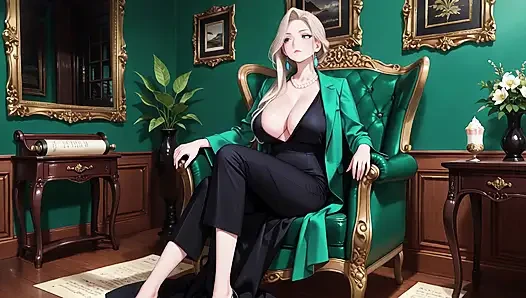 Green Suit Secretary! Ordered to organize files in the study, she deliberately exposes her deep V-neck and long legs.