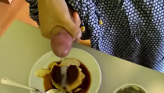 CUM ON FOOD and eating. Making up and cum on dessert