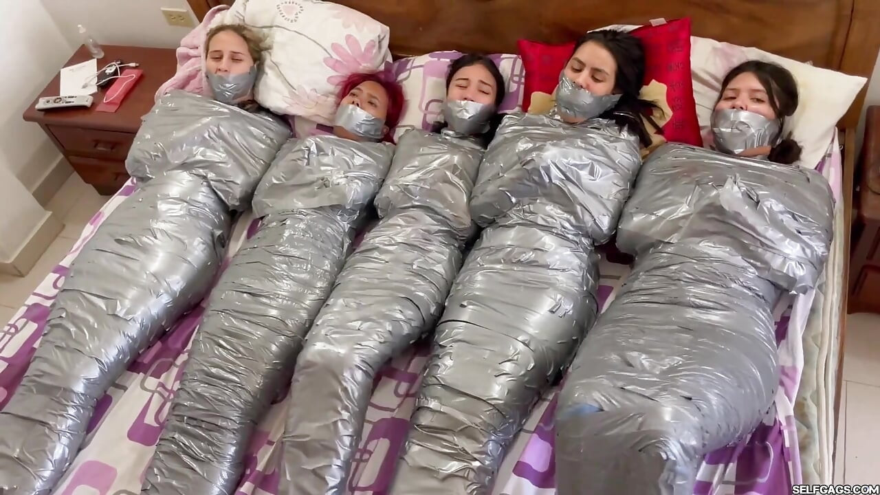 5 Mummified Girls Struggle All Wrapped up and Gagged!