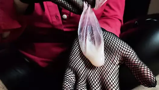 Handjob in Lace Gloves and Condom Play