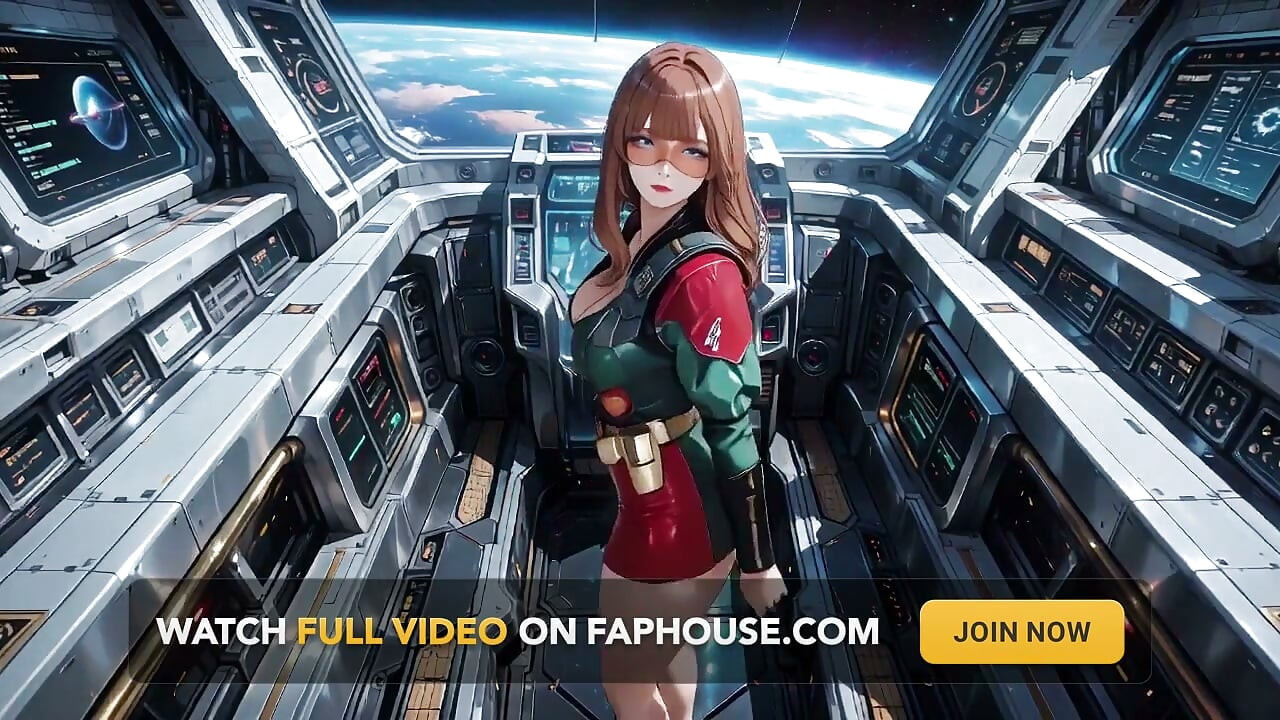 Inside the Sci-fi Train, She Wears a Tight Green Armor, Touching Her Red Lips While Gazing at the Galaxy Through the Porthole.