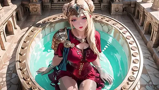 Red Armor Queen! Forbidden Gaze in the Roman Corridor, Skirt Lift Reveal, Hand on Lips Teasing You...