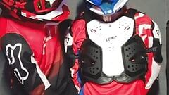 A guy in a motocross gear gets a portion on his mxhelmet