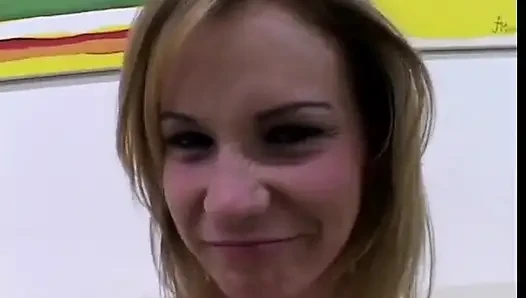 POV blond with small tits sucks huge cock then creamed from behind