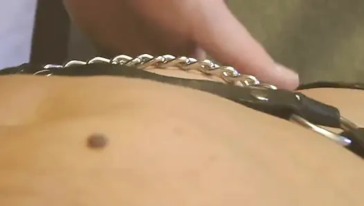 Swemature in chains and leather, fishnet stockings, high pleaser porn heels, fucked, whipped, begging for cum and emptying her husband's cock completely.