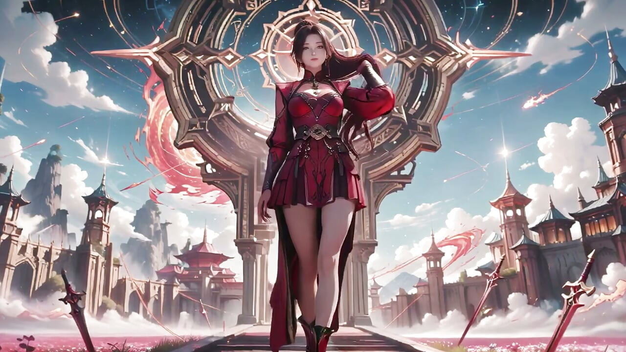 Red Armor Queen in the Floating City! Epic fantasy tease, tight red bodysuit.