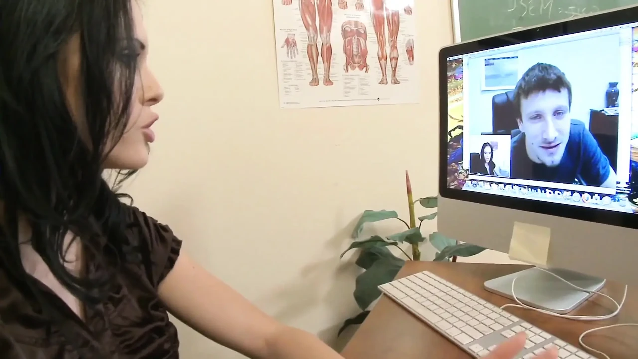 Jennifer wears lingerie as she spreads her legs and gets fucked on the desk