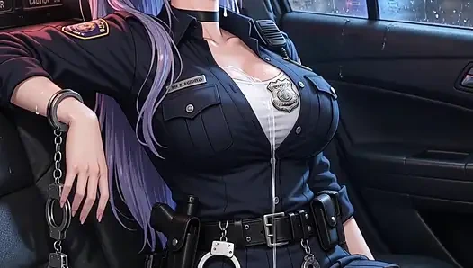Erschöpfte hentai Polizistin mit großen Titten, masturbiert auf dem Rücksitz