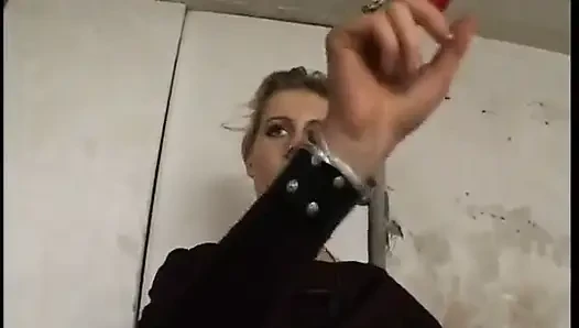 Girl jerks off her horny friend in basement