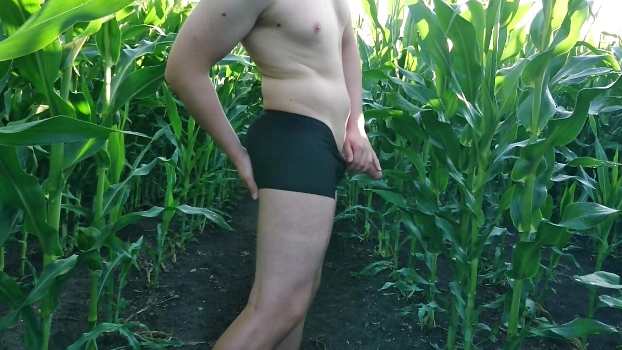 Guy Strips to Underwear in Cornfield and Jerks Off