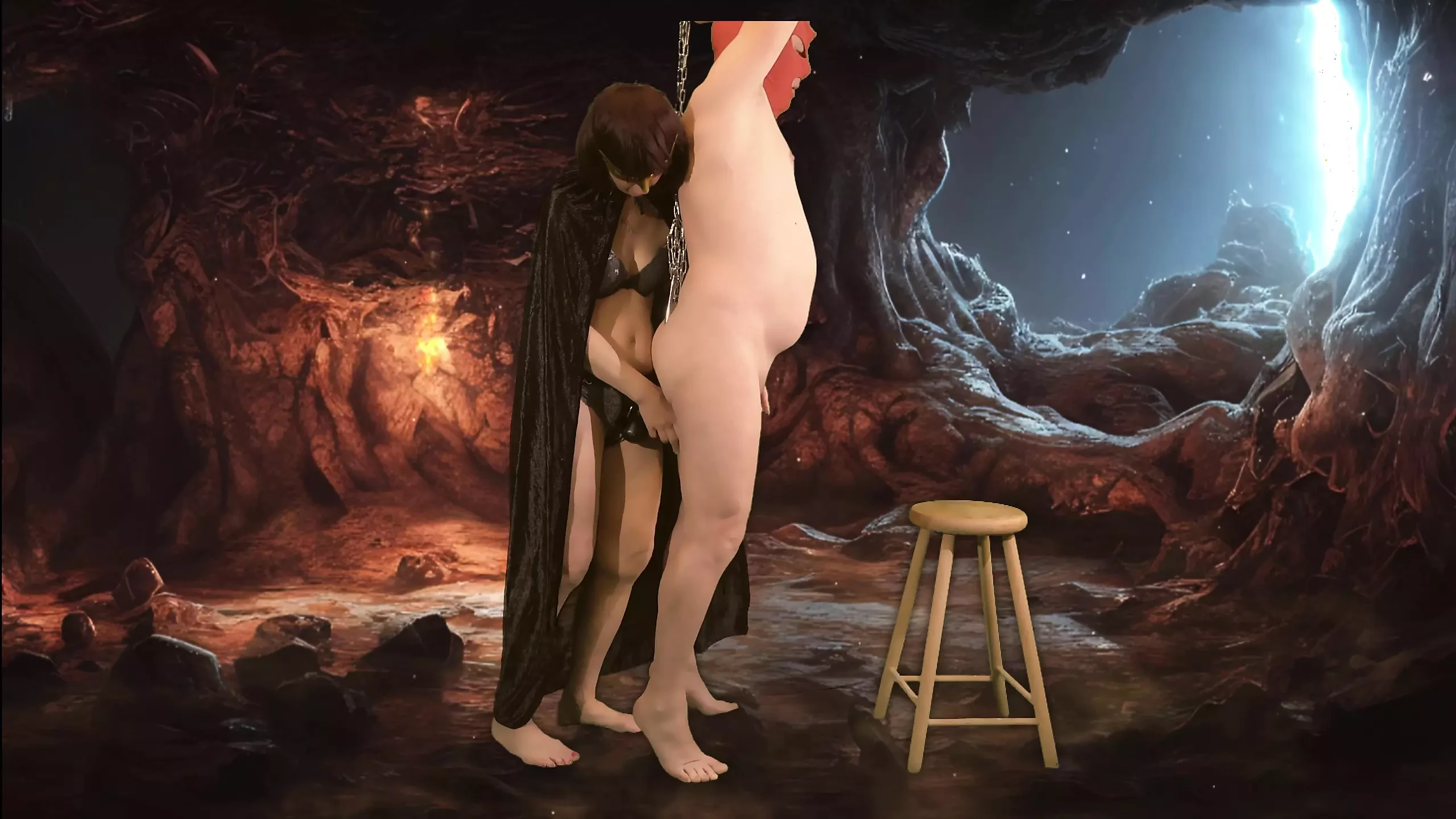 Held by an anal hook, he has to accept the big dildo