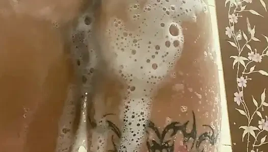 the dirty slut washed her sweet lustful body in foam in the shower and spread her ass