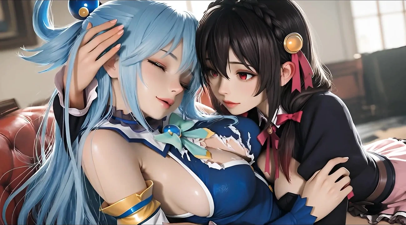 SFW Aqua and yunyun From konosuba soft show touching and kissing lesbian