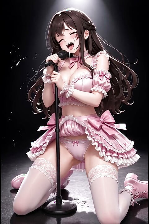 3Dアニメアイドルがオクトーバーフェストの衣装でステージに立ち、マイクの前でオナニーする