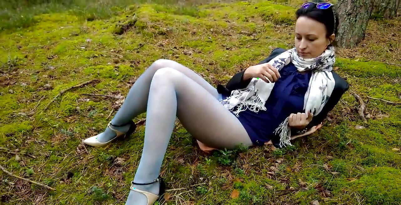 Golden Showers in The Deep Woods - While Dressed in Glossy, Blue, Crotchless Pantyhose