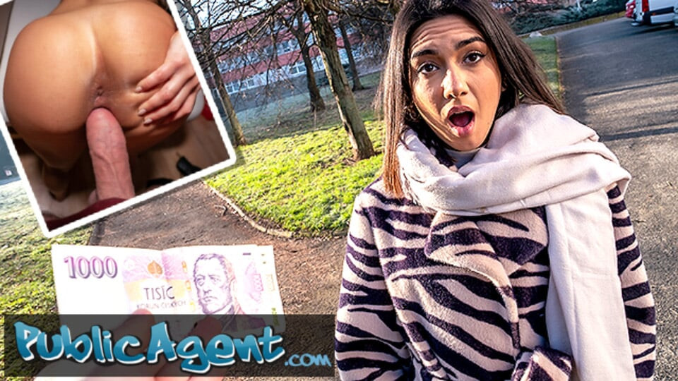 Public Agent Beautiful Brunette Biology Student Cums Over a Stranger Cock
