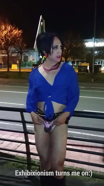 Taniax masturbate in the streets with big black dildo wearing sexy miniskirt